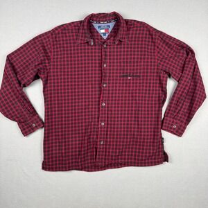 VTG Y2K Tommy Jeans Mens Red Black Plaid Flannel Shirt Large 186795 7/01 Cotton